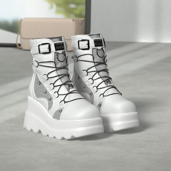 ⚡Women1-white Synthetic Chunky High Heel Combat Lace Up Motorcycle Wedges Boots - Picture 2 of 8